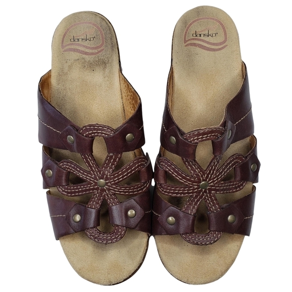 Dansko | Serena Brown Leather Etched Floral Slip On Wedge Sandals Women's 8.5 - Picture 4 of 13